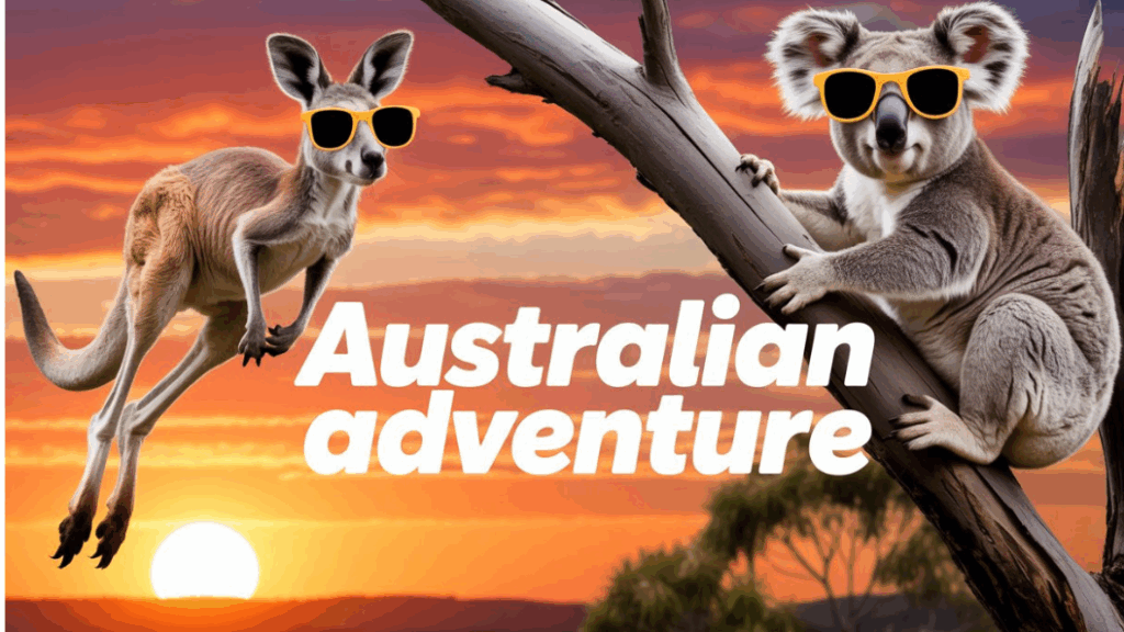 "Cartoon kangaroo and koala wearing sunglasses in front of a vibrant Australian sunset with the text 'Australian Adventure' centered over the image."