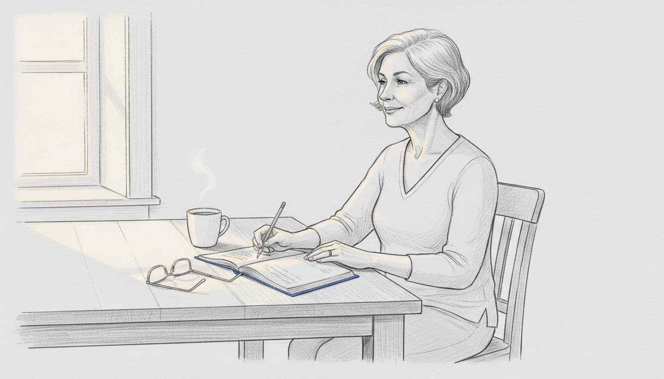 Hand-drawn graphite sketch of a relaxed woman over 50 with short gray hair, sitting at a wooden kitchen table with an open notebook, pencil in hand, glasses nearby, and steaming coffee mug, showing calm clarity from a short travel list.