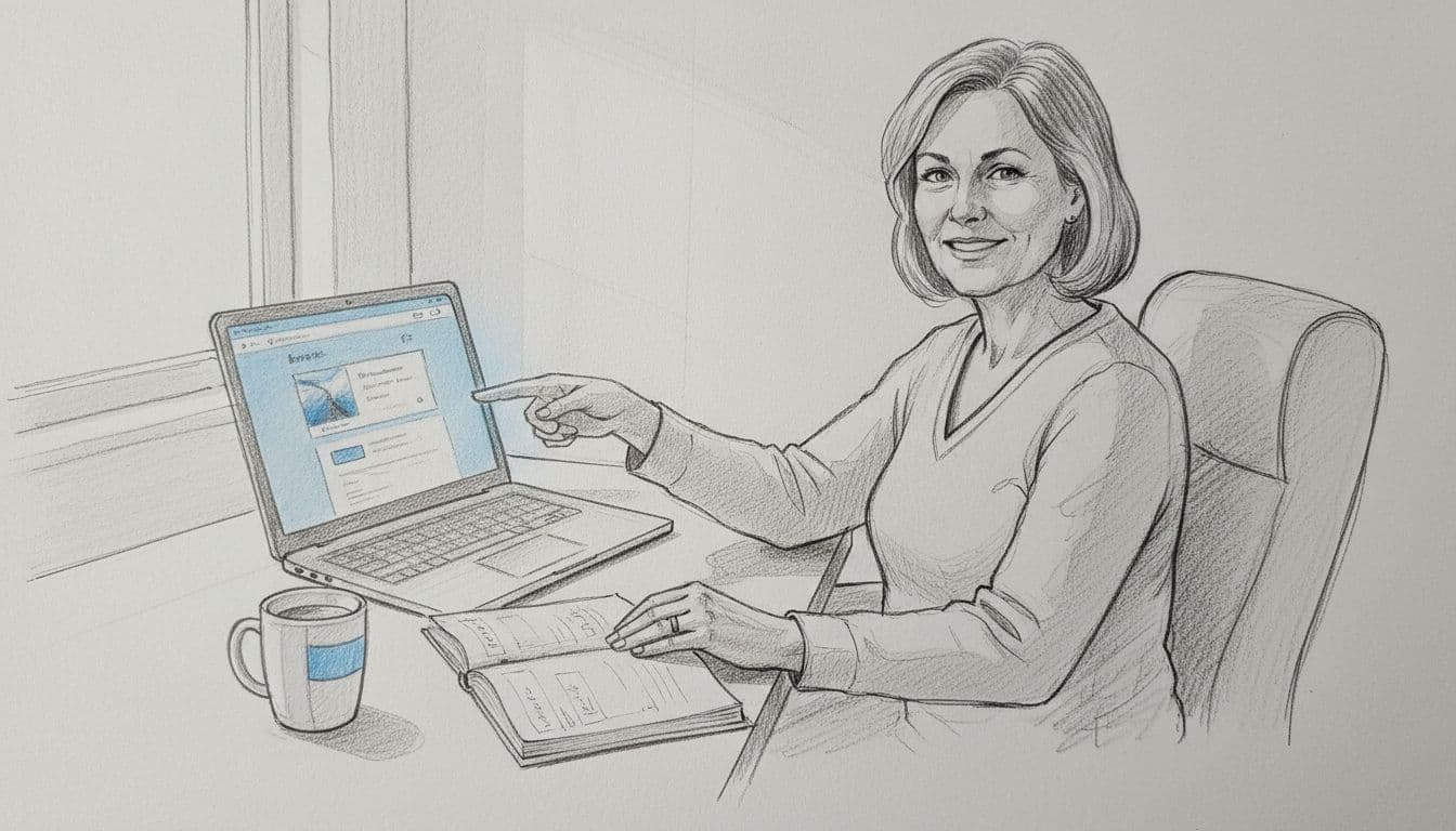 Middle-aged traveler in their 50s at a cozy home desk, smiling confidently while pointing at an open laptop with a blurred travel booking site, hand-drawn graphite sketch style with notebook and coffee mug.