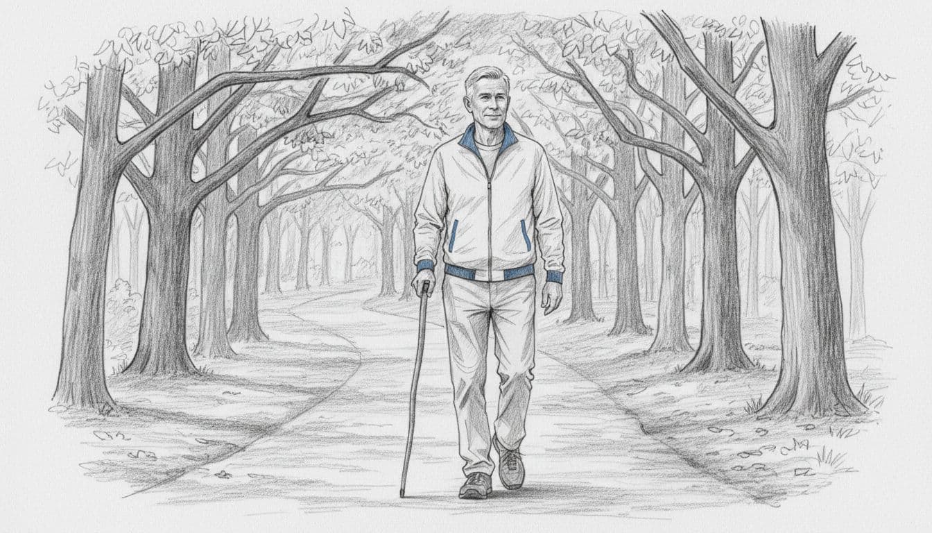 Hand-drawn graphite sketch of a fit man over 50 with short gray hair, walking slowly on a flat tree-lined nature trail while holding a walking stick loosely, in soft diffused sunlight with subtle blue jacket accents on light gray paper.