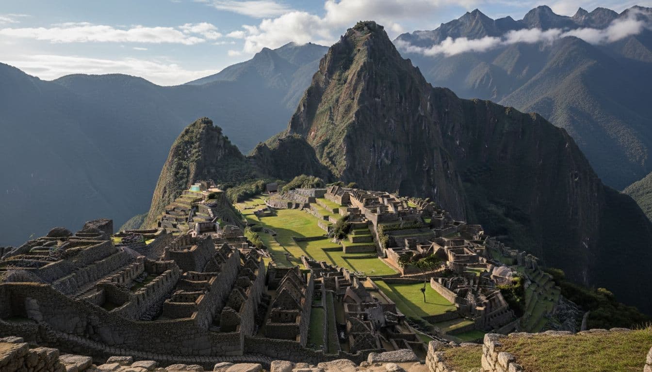 First-person view from stone path at Machu Picchu showing Incan ruins on terraced green hills with Andes peaks behind under partly cloudy sky.