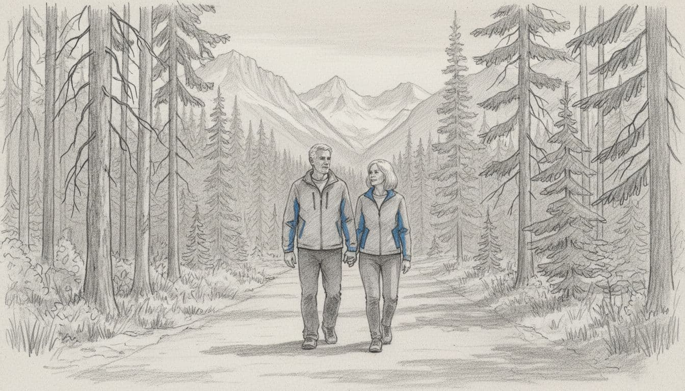 Hand-drawn graphite sketch of a fit couple over 50 holding hands loosely on a flat forested trail in Jasper National Park, with mountains in the background, blue jacket accents, and soft diffused sunlight on light gray paper.