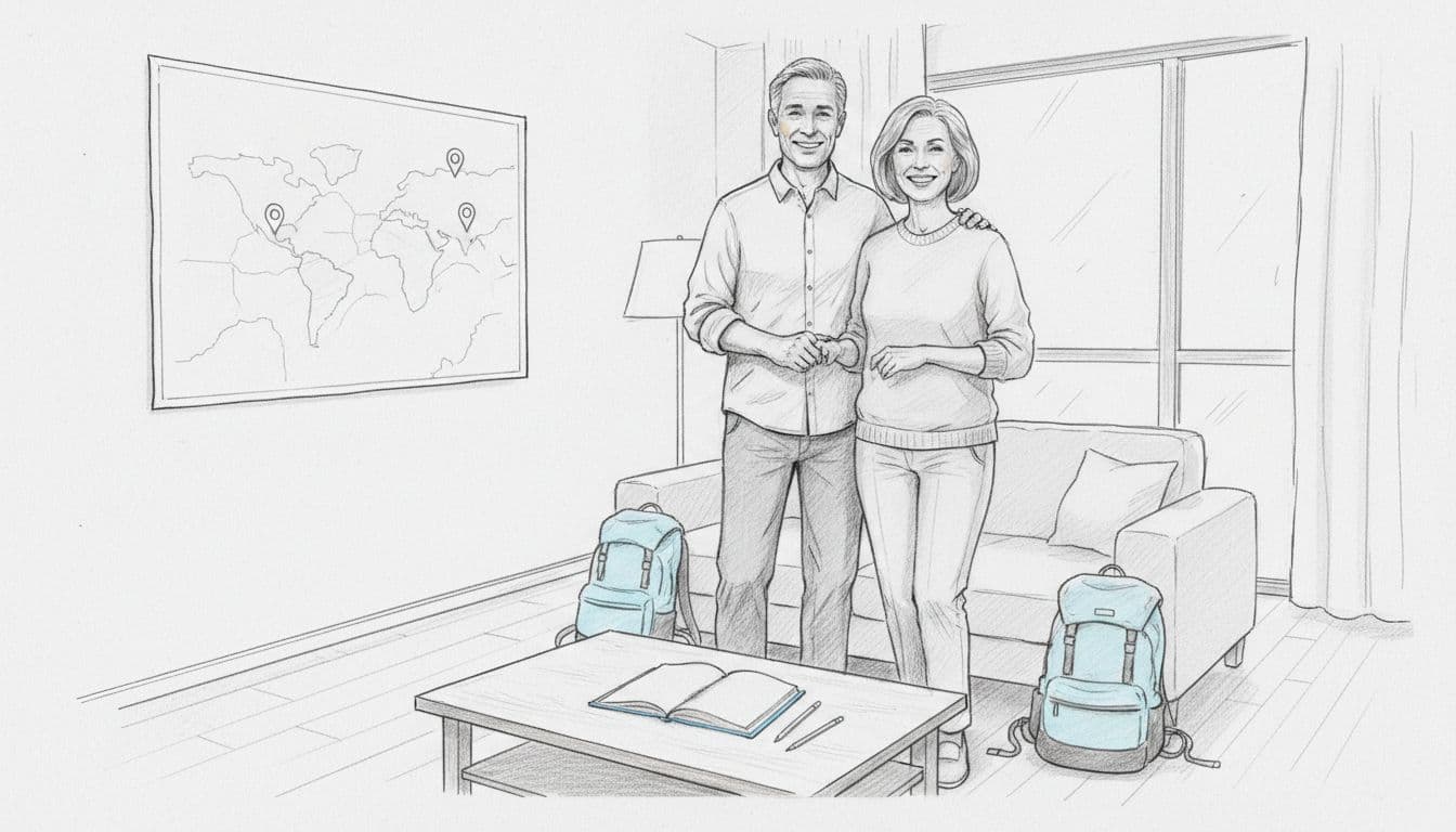 A relaxed middle-aged couple in their 50s stands side by side in a bright living room, confidently reviewing a simple wall map pinned to one region with few markers, light backpacks on the floor and blue-accented notebook open on table, in hand-drawn graphite sketch style on light gray paper.
