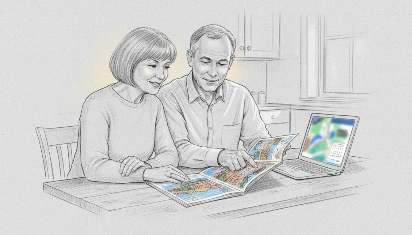 Middle-aged couple in their 50s seated closely at a wooden kitchen table, reviewing an open colorful river cruise brochure and angled laptop with blurred itinerary, thoughtful smiles, hand-drawn graphite sketch style.