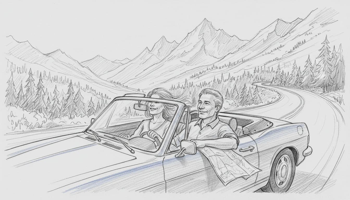 Hand-drawn graphite sketch of a middle-aged couple driving a convertible along a winding forested mountain road on a sunny day, woman relaxed at the wheel smiling, man holding a map loosely, capturing open road adventure.