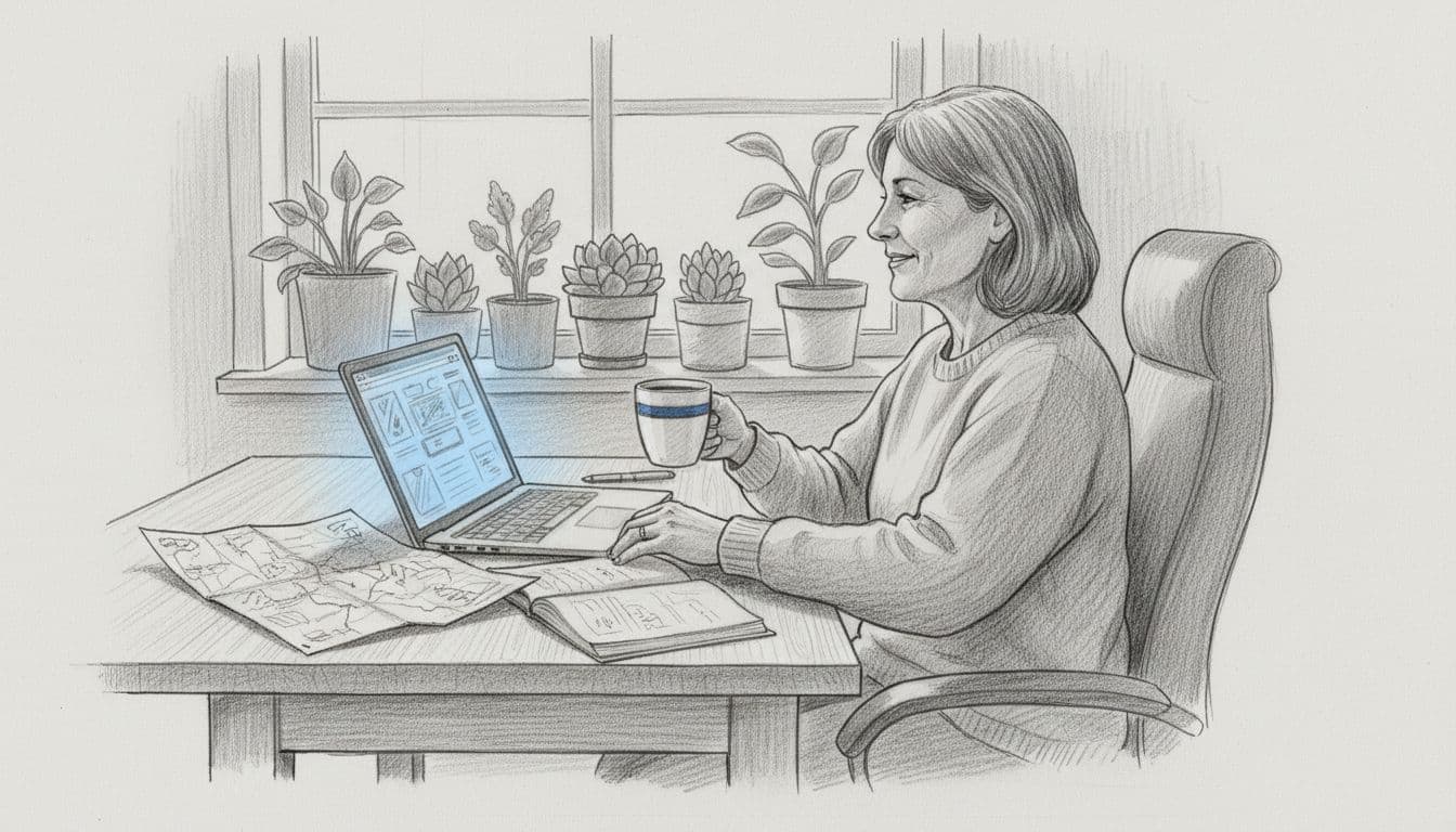 A relaxed middle-aged traveler in their 50s sits at a wooden desk in a cozy home office, viewing travel sites on an open laptop with a paper map, notebook, and blue-accented coffee mug nearby, captured in a hand-drawn graphite sketch style.