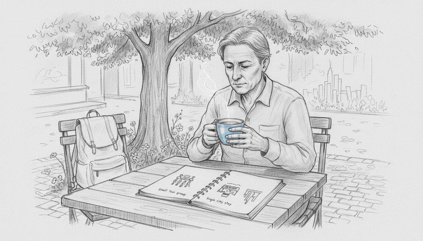 Middle-aged traveler relaxed at a shaded outdoor wooden cafe table, thoughtfully examining an open notebook with simple sketches of tour groups, river cruises, and city skylines, holding a coffee mug with both hands.
