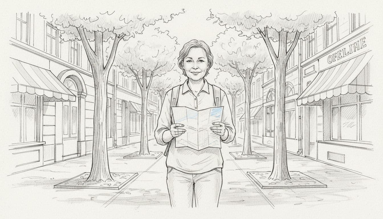 Hand-drawn graphite sketch of a single middle-aged traveler in their 50s walking relaxed along a sunny walkable city sidewalk with trees, shops, old buildings, and cafe awnings in the background, holding a folded map and light daypack.