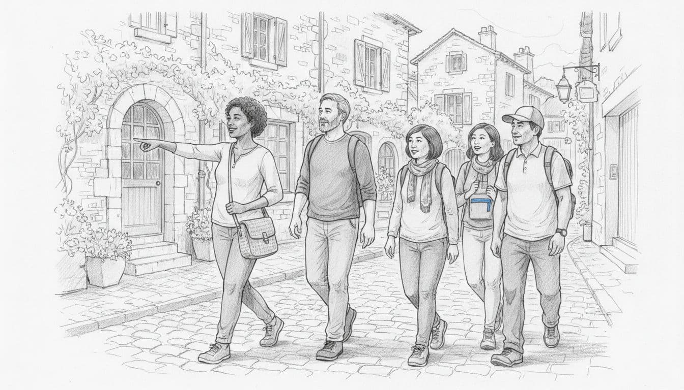 Hand-drawn graphite sketch of four diverse middle-aged travelers (50-60) walking on a cobblestone street in a quaint European village, following a local guide, with relaxed expressions, daypacks, old stone buildings, and flowers in the background.