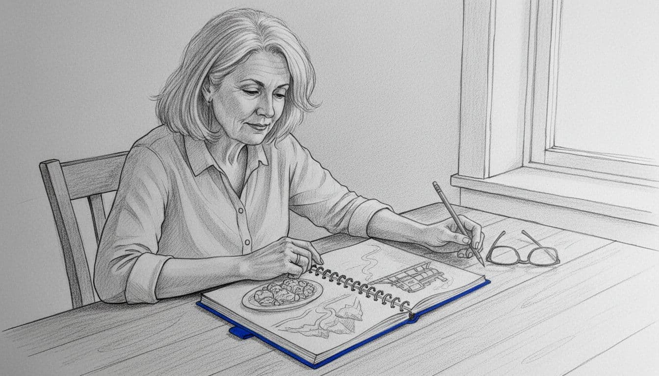 A hand-drawn graphite sketch of a relaxed woman over 50 with shoulder-length gray hair, sitting at a wooden kitchen table with an open notebook showing pencil sketches of a mountain landscape, plate of food, and a train. She holds a pencil loosely with glasses nearby, in soft natural window light on a light gray background.