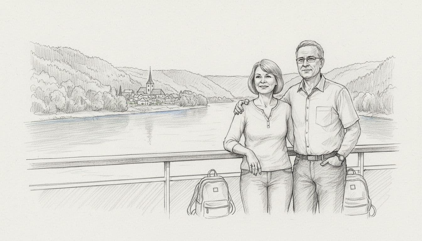 Hand-drawn graphite sketch of two middle-aged travelers (man and woman, 50-60) standing relaxed on a river cruise ship balcony, smiling at scenic river views with green hills, village church, and passing landscape.