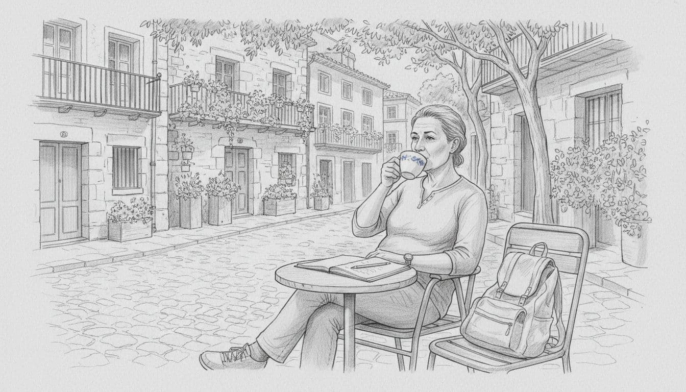 Hand-drawn graphite sketch of a middle-aged traveler in their 50s sitting relaxed at an outdoor cafe table on a sunny cobblestone street in a European neighborhood, sipping coffee from a cup with subtle blue accent, open notebook nearby, light backpack on adjacent chair, flowers in window boxes, trees overhead, light shading on very light gray paper.