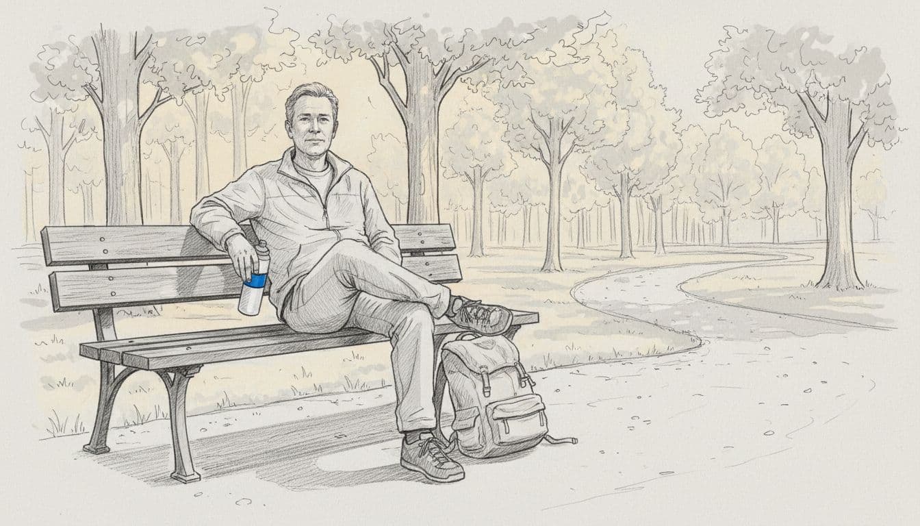 Hand-drawn graphite sketch of a single middle-aged traveler casually relaxing with legs crossed on a wooden bench in a sunny park, holding a blue-accented water bottle on knee, backpack at feet, trees and path in background on light gray paper.