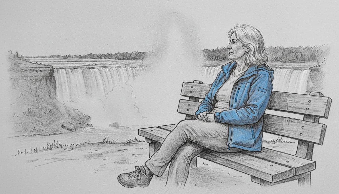 Hand-drawn graphite sketch of a relaxed woman over 50 with shoulder-length gray hair, sitting on a wooden bench overlooking Niagara Falls with rising mist, wearing comfortable clothes and blue jacket, soft natural light on light gray paper.