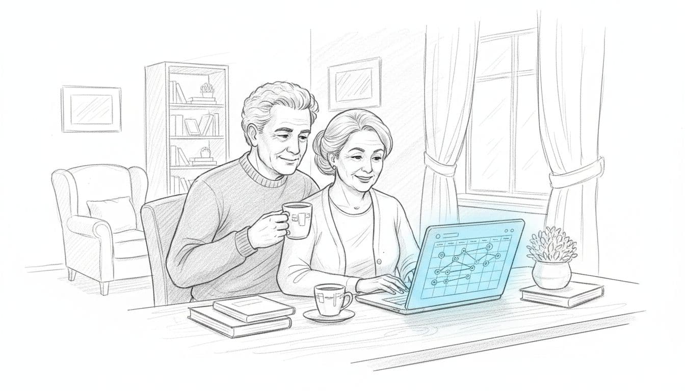 Senior couple at home desk, one viewing flight calendar on laptop with blue glow, relaxed with coffee, graphite sketch style.