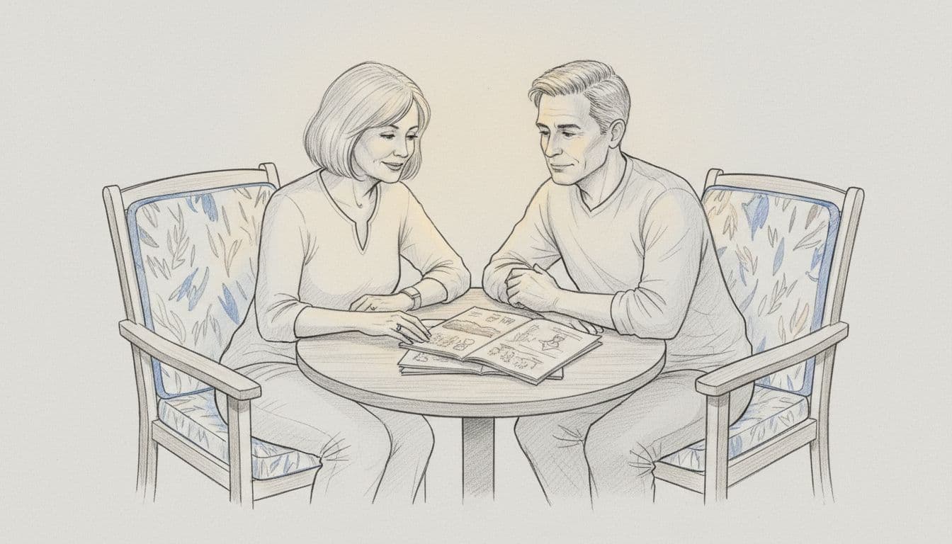 Hand-drawn graphite sketch of a relaxed couple over 50, man with short hair and woman with bobbed gray hair, sitting side-by-side at a wooden porch table, reviewing loosely stacked printed travel pages featuring blurred nature and wellness scenes.
