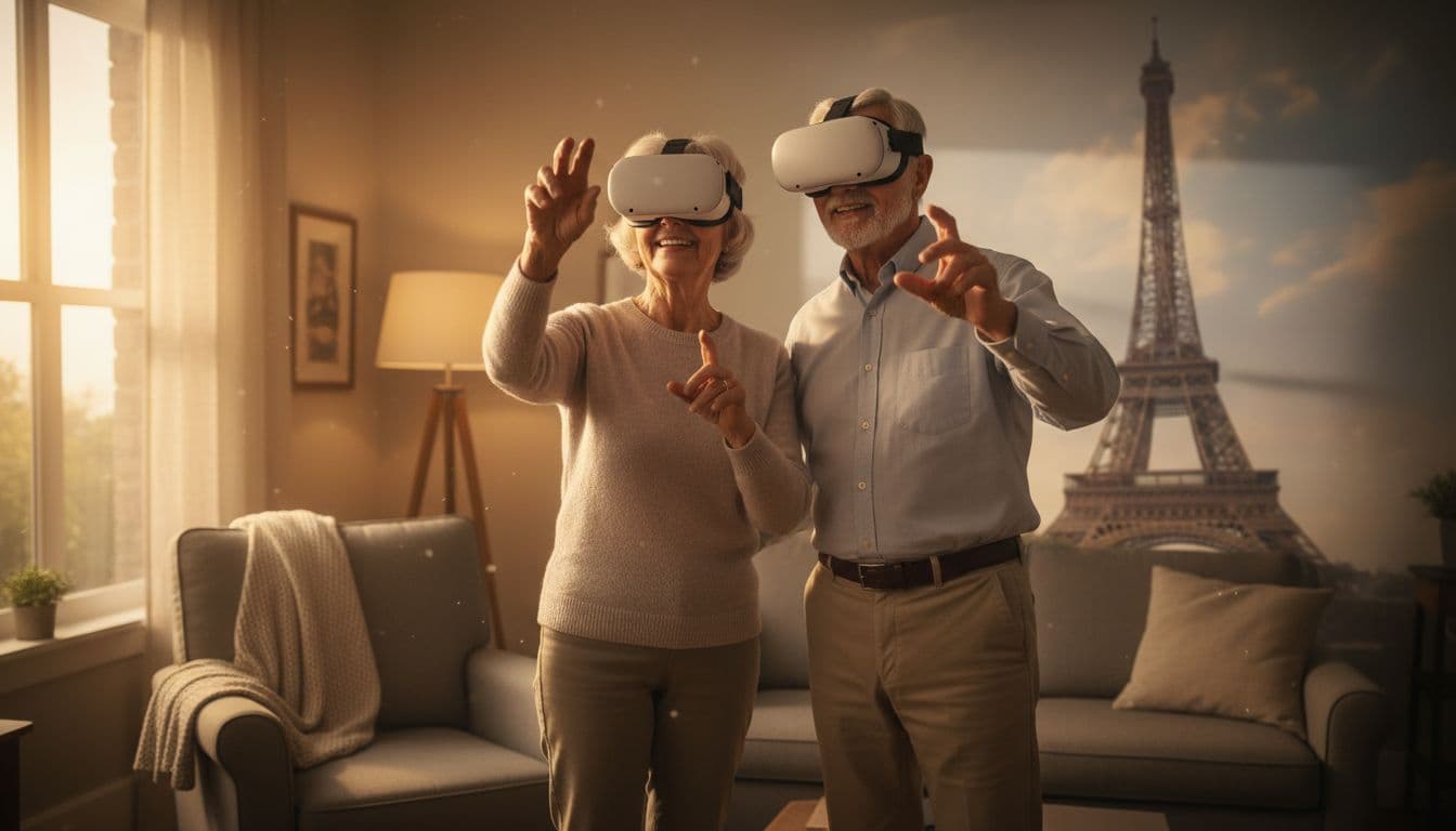 Two seniors wear Meta Quest 3 headsets in cozy living room, gesturing happily with faint blurred Paris street overlay.