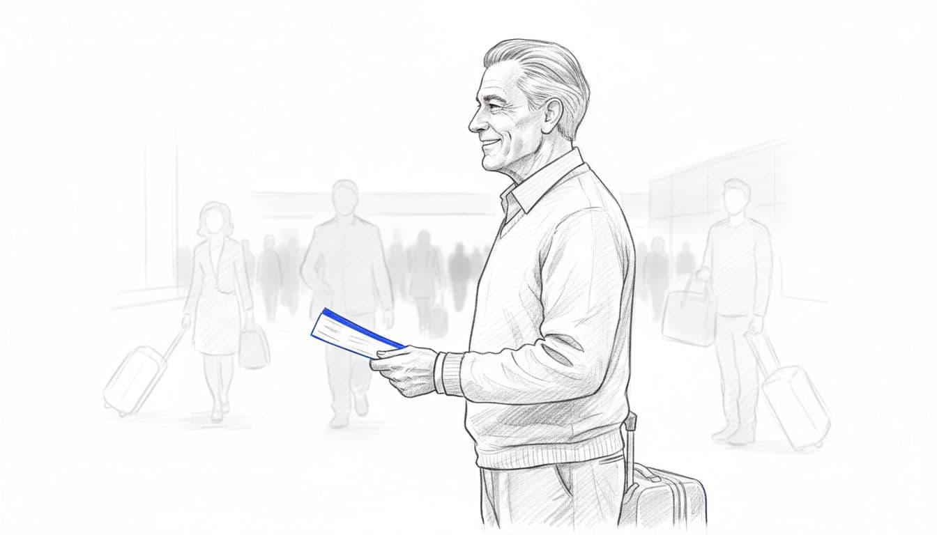 Side profile sketch of smiling 70s man holding boarding pass and carry-on bag at airport gate, blurred passengers behind.
