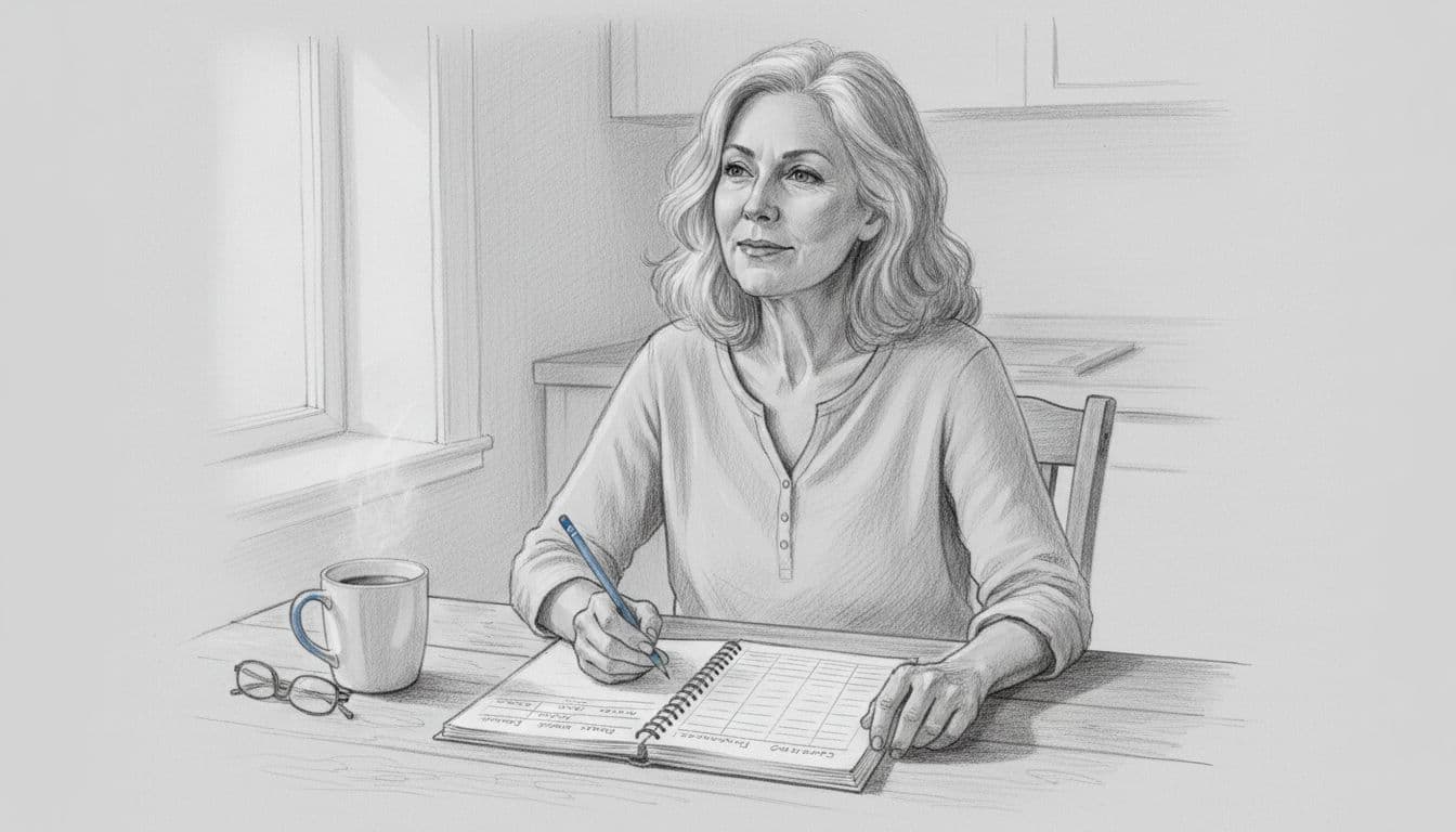 Hand-drawn graphite sketch of a relaxed senior woman over 50 with shoulder-length gray hair, sitting at a wooden kitchen table reviewing budget ranges and comfort checks in an open notebook, with pencil in hand, glasses nearby, and steaming coffee mug.