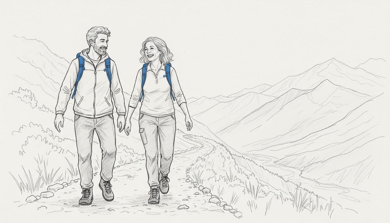 Two middle-aged travelers, one man and one woman, walk side by side on a peaceful mountain trail with valley view, smiling and chatting relaxedly with light backpacks in hand-drawn graphite sketch style.