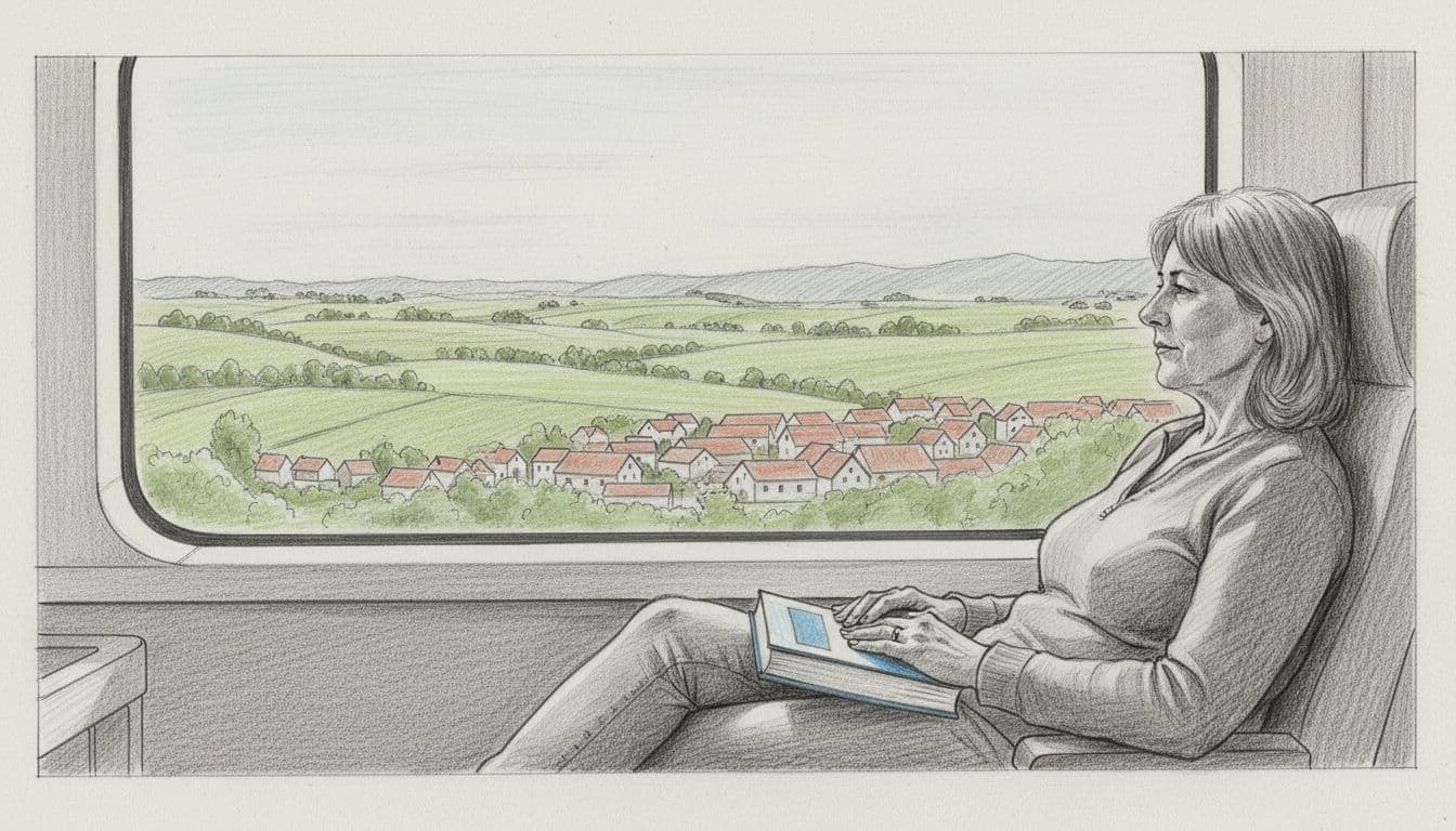 A middle-aged solo traveler sits comfortably by a large train window, gazing at passing European countryside with green fields, villages, and hills, book on lap, in hand-drawn graphite sketch style.