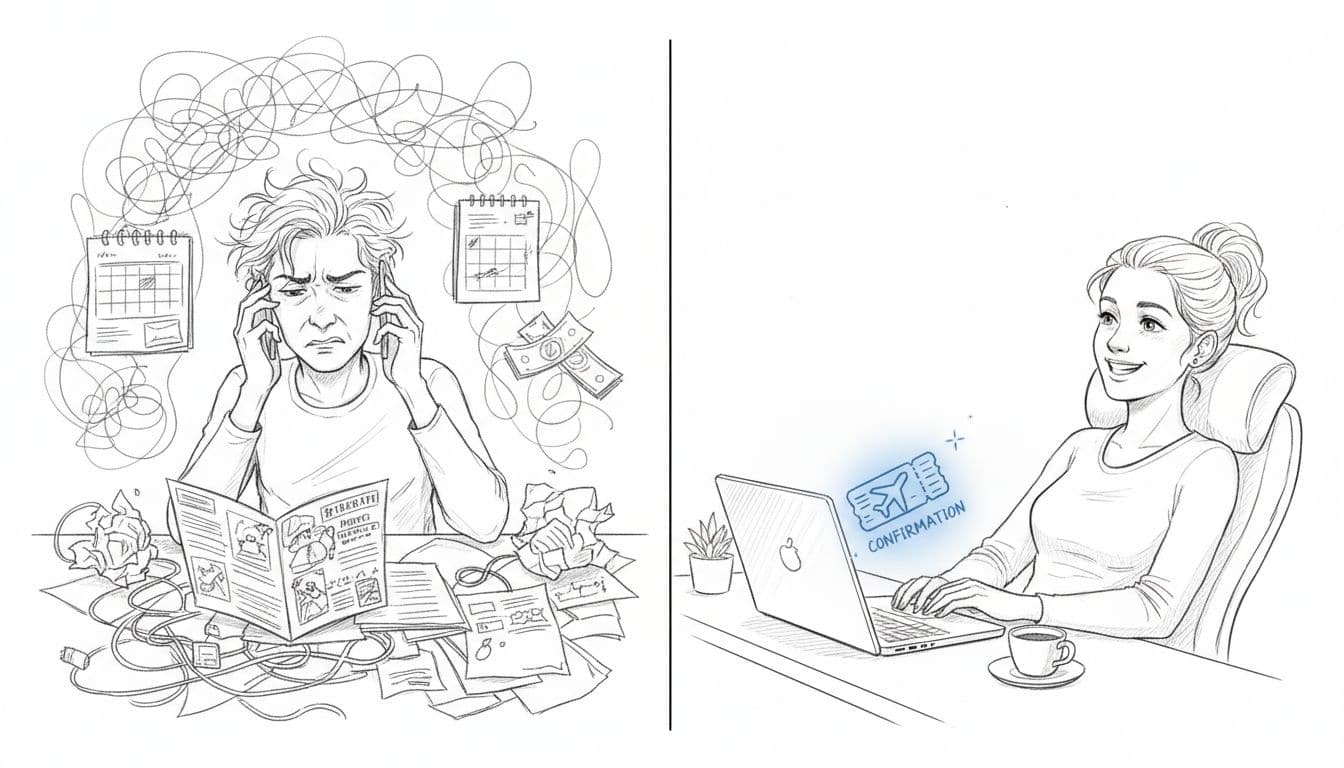 Split hand-drawn sketch: left side shows frustrated person at desk with phone and papers, right side same person relaxed at laptop with glowing flight confirmation icon.