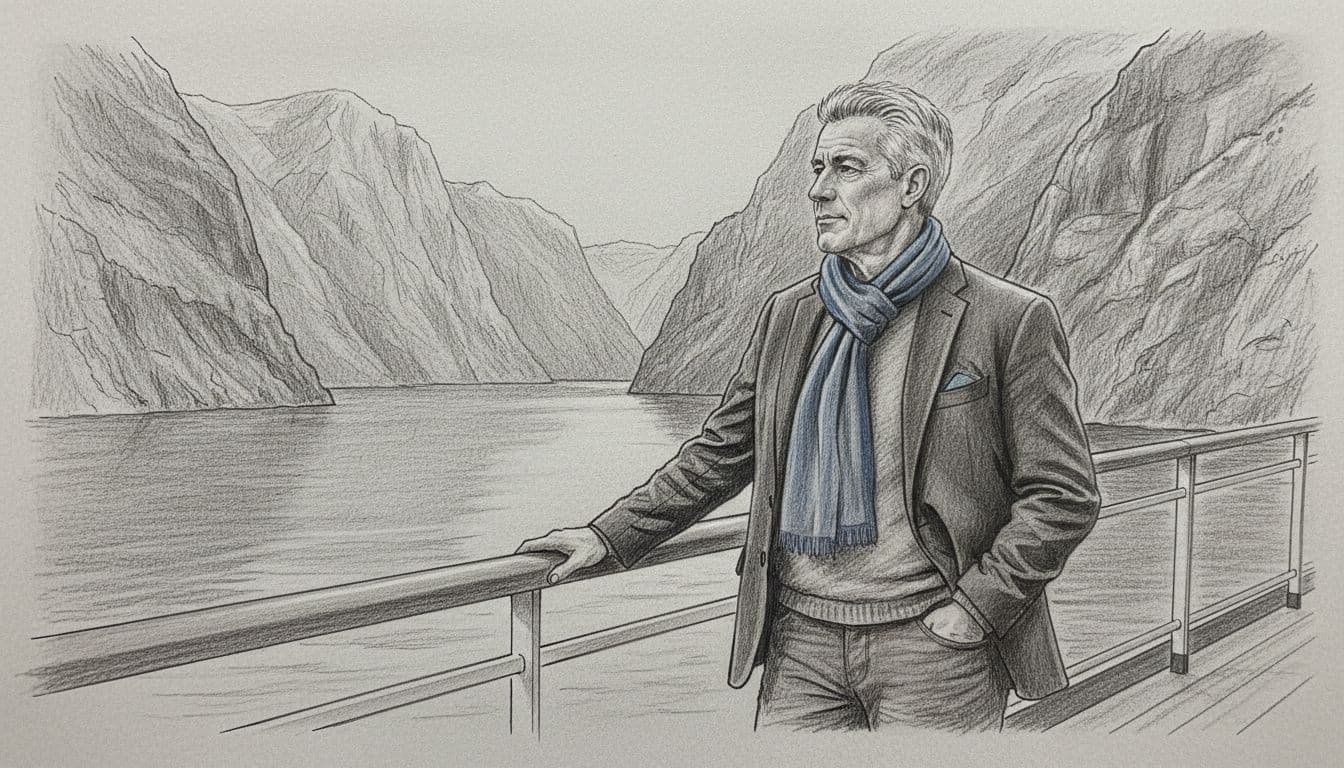 Hand-drawn graphite sketch of a thoughtful man over 50 with short gray hair, standing on a cruise ship deck gazing at Norwegian fjords with steep cliffs and water, wearing a layered jacket and blue scarf in soft evening light on light gray paper.
