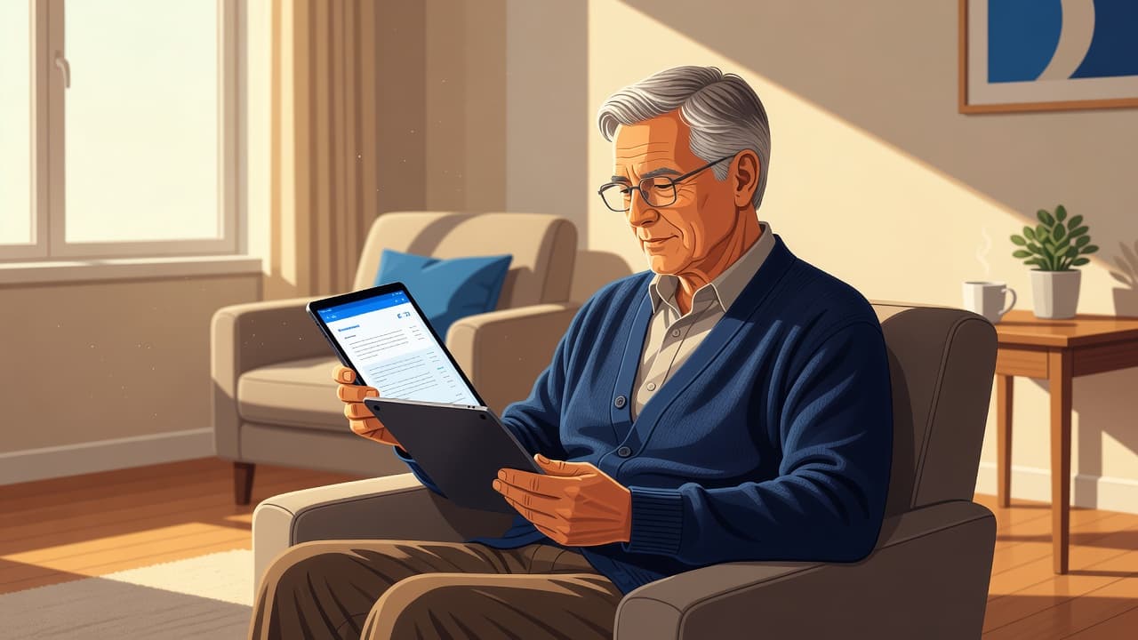 A mature individual sits in a sunlit room, focusing intently on a tablet screen displaying digital insurance documents. The modern composition features clean blue geometric accents and a warm, inviting atmosphere.