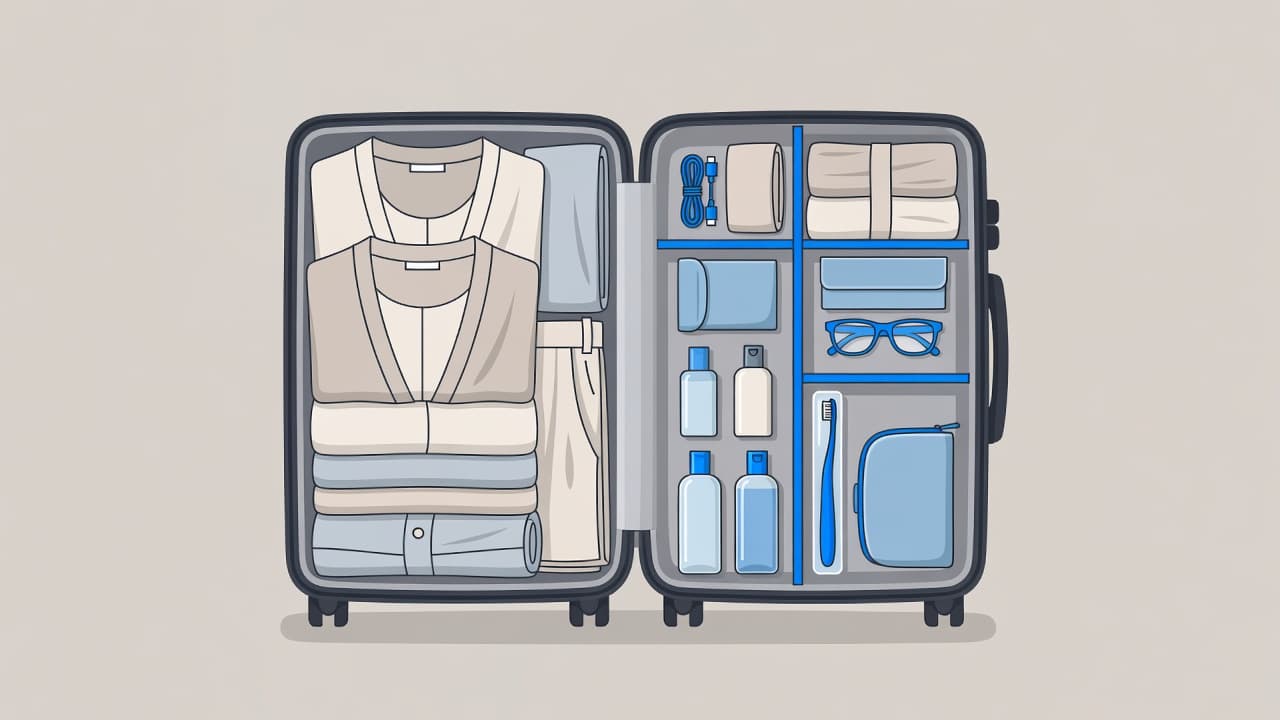 A high-angle view reveals a neatly packed travel suitcase featuring separate compartments for clothing, small toiletries, and accessories. Clean blue accents highlight the minimalist interior against a soft neutral background.
