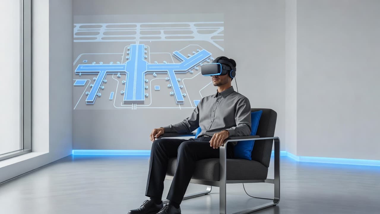 A person sits comfortably in a minimalist room while wearing a sleek VR headset. They are virtually navigating an airport terminal layout to prepare for an upcoming journey in the bright space.