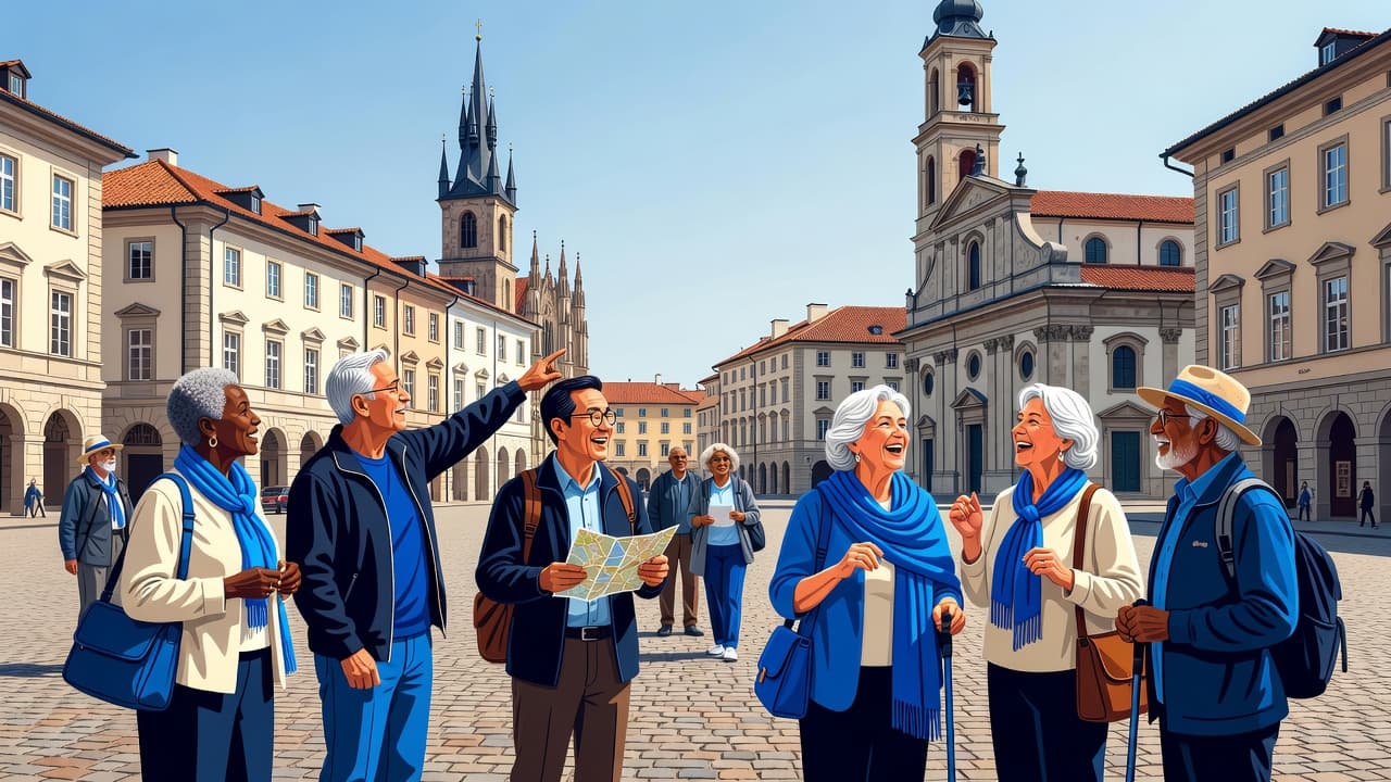 A diverse group of older adults gathers in a sunlit historic European plaza. They carry backpacks and cameras while navigating cobblestone paths, depicted with clean shapes and deep blue accents.