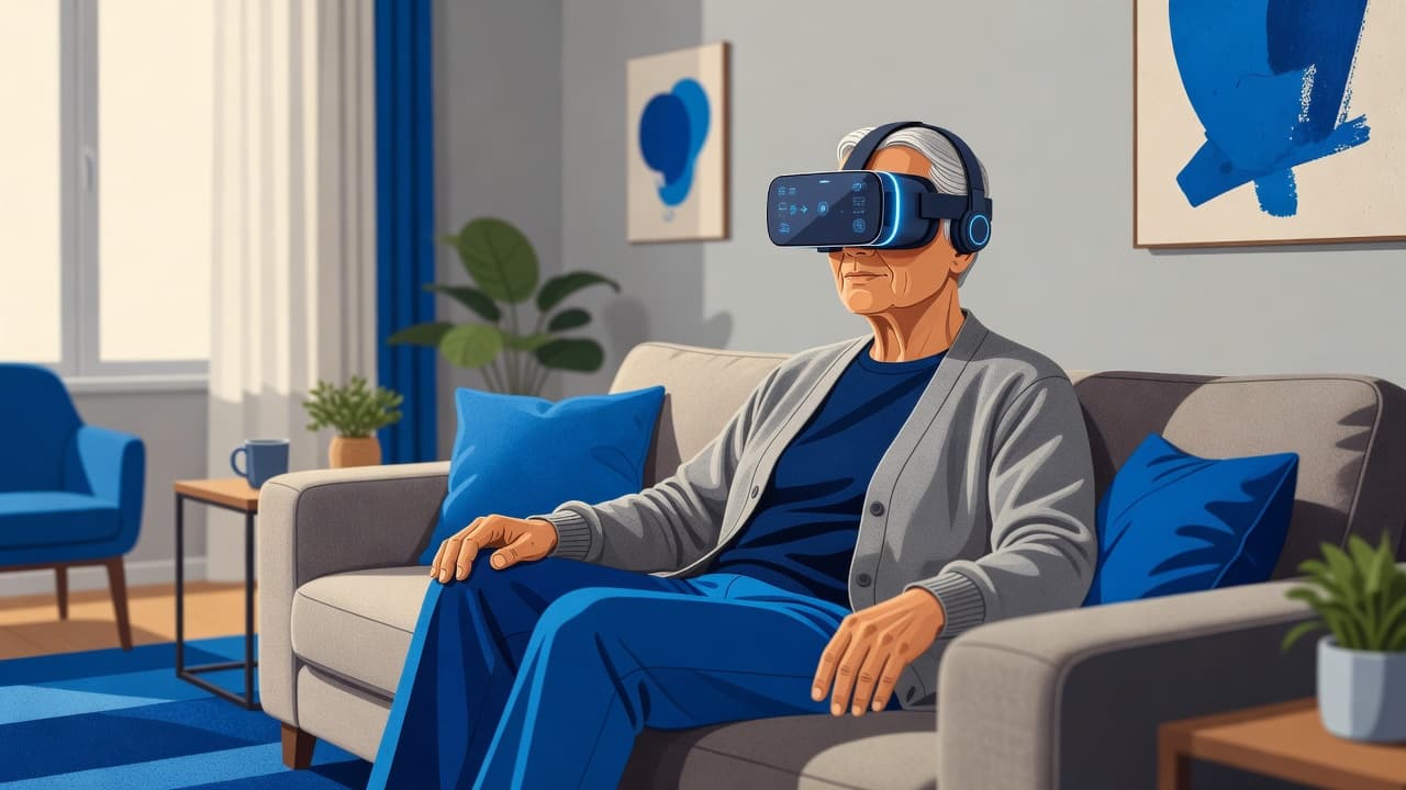 An older adult sits comfortably on a blue sofa while wearing a modern VR headset in a sunlit living room. Geometric decor and soft textures create a serene and welcoming domestic environment.