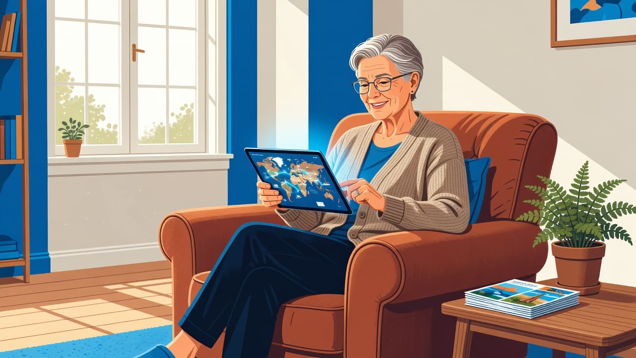 A stylish older woman sits comfortably in a blue armchair within a sunlit room. She holds a tablet while viewing maps, surrounded by clean, modern decor and vibrant sapphire blue accents.