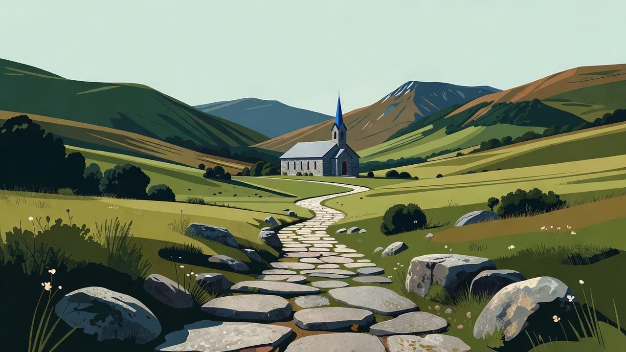 A quiet stone walkway winds through a lush mountainous landscape toward a distant, peaceful chapel. The scene features saturated blue accents and soft sunlight, evoking a sense of calm, spiritual travel reflection.